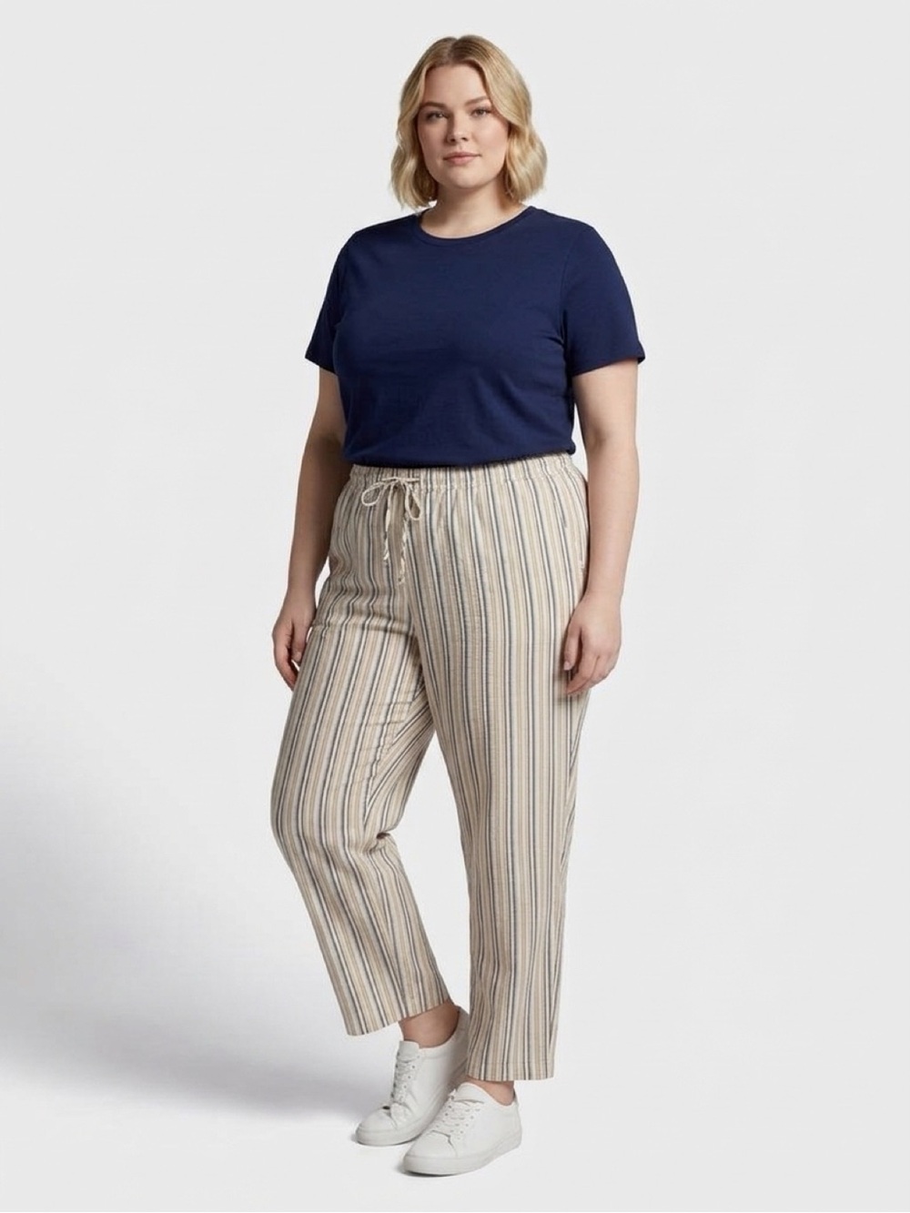 Robert Louis Navy Tee with Beige & Navy Striped Cropped Pants